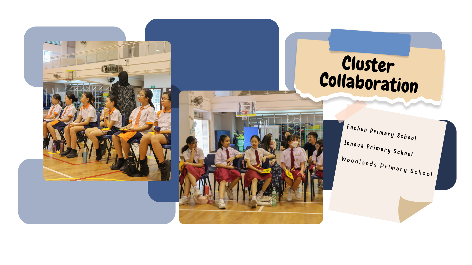 Two photos of students from different schools seated in a school hall during a Cluster Collaboration event involving Fuchun Primary School, Innova Primary School, and Woodlands Primary School. Students in various school uniforms are seen attentively listening to a presentation, with a teacher standing nearby.